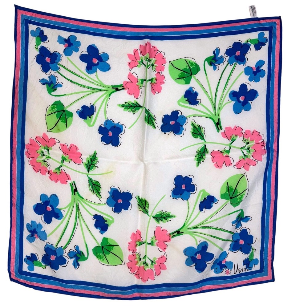 Vera Neumann Vintage Floral Square Scarf White Blue Pink Acetate Ladybug Logo 22